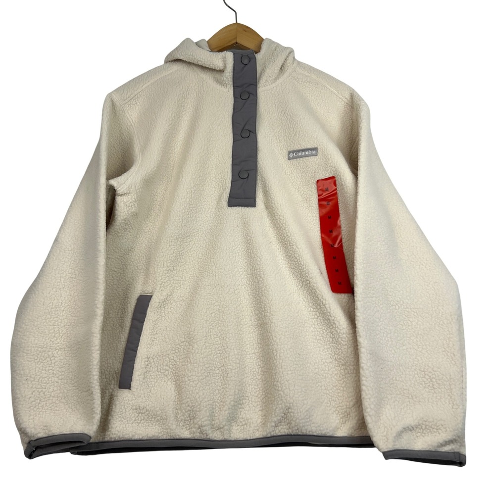 Columbia Sherpa Fleece Hoodie Mens Medium Chalk Light Grey Snap Pullover 1623166